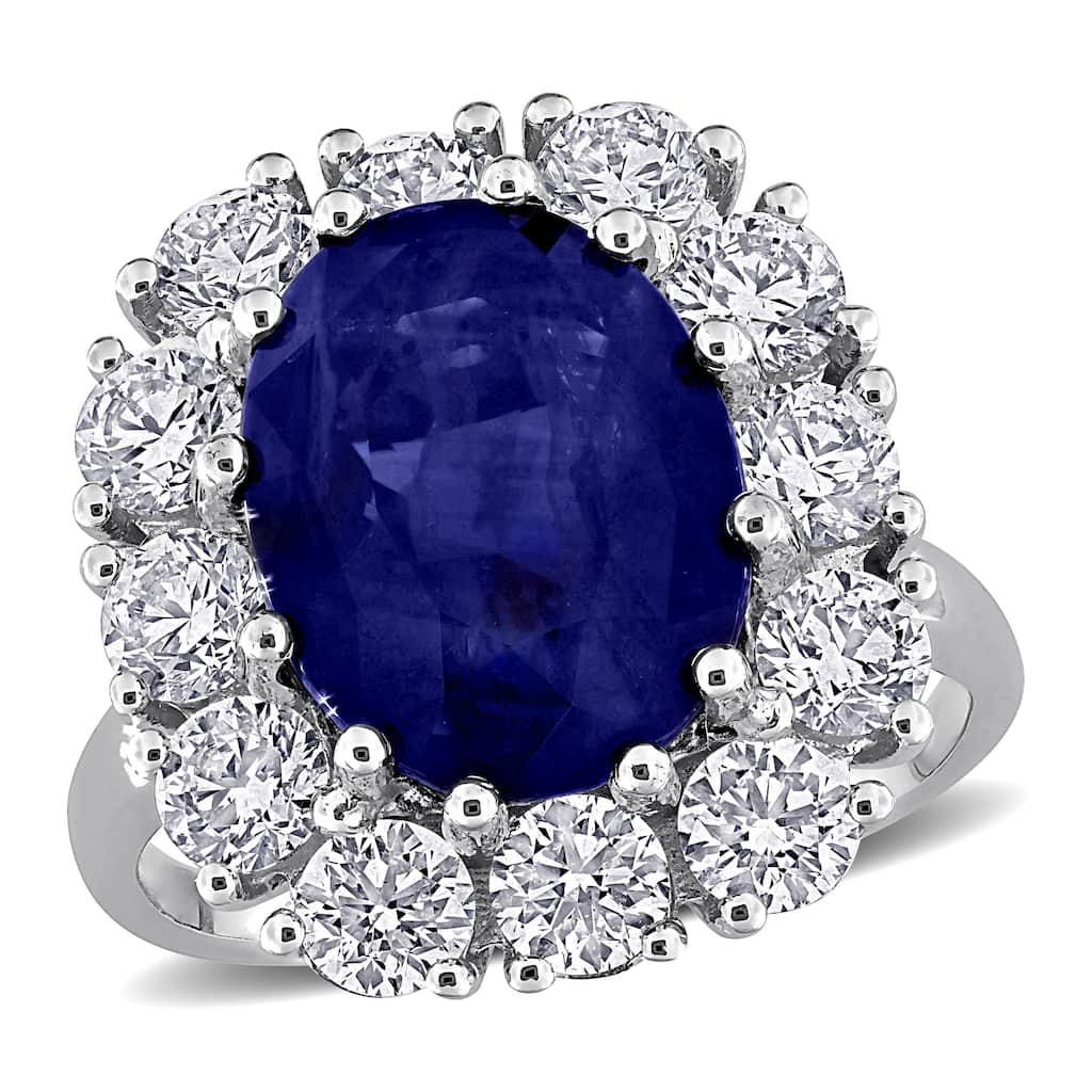 Miadora 9 1/5ct TGW Sapphire and 2 3/8ct TW Diamond Halo Ring in 14k White Gold