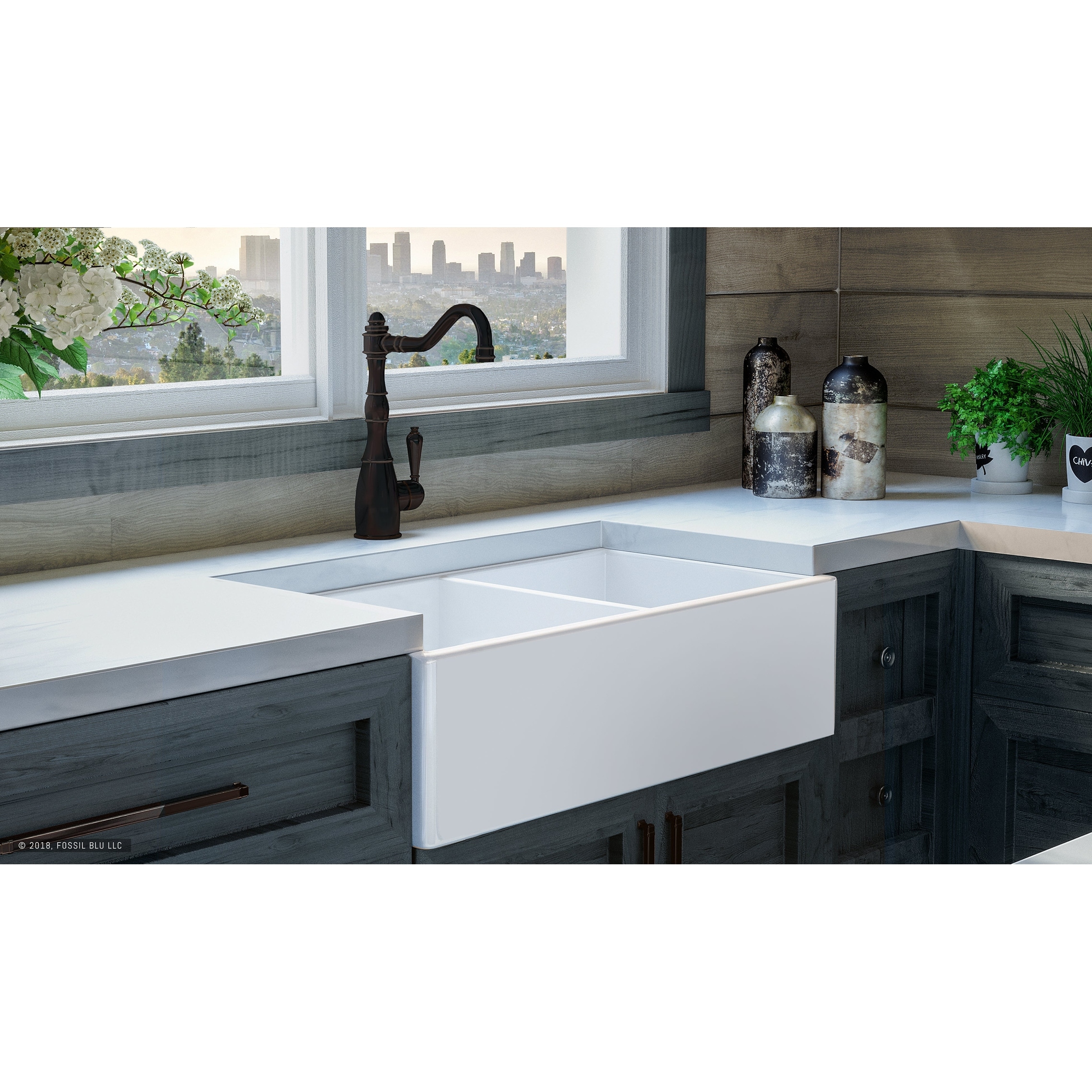 Fossil Blu 33 Inch SOLID Fireclay Farmhouse Sink in White