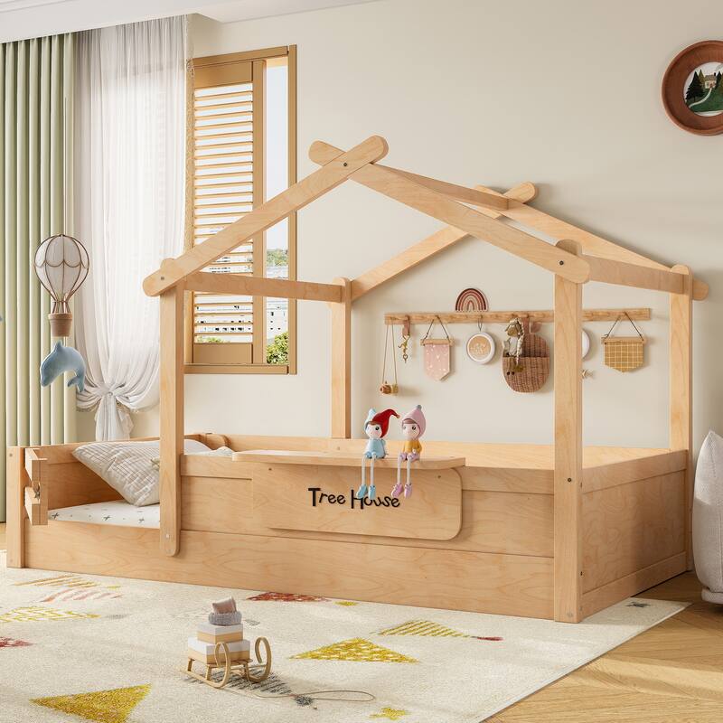 Twin Size Floor Bed with Guardrails and Roof, Kids House Floor Bed with a Small Built-in Tray and Free-installed Signboard - Natural