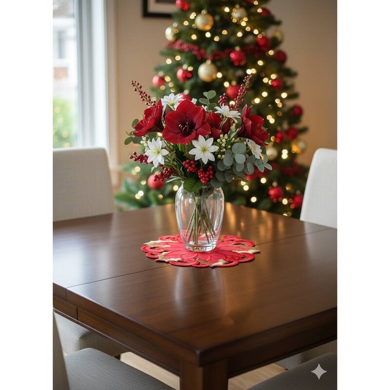 Poinsettia and Green Leaf Embroidered Cutwork Round Placemat, 8-Inch diameter