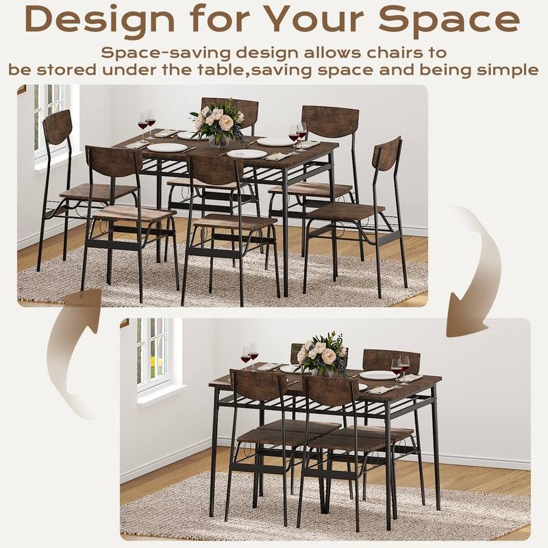 7-Piece Dining Table Set for 6, 43.3'' Kitchen Table and Wood Chairs with Storage and Backrest