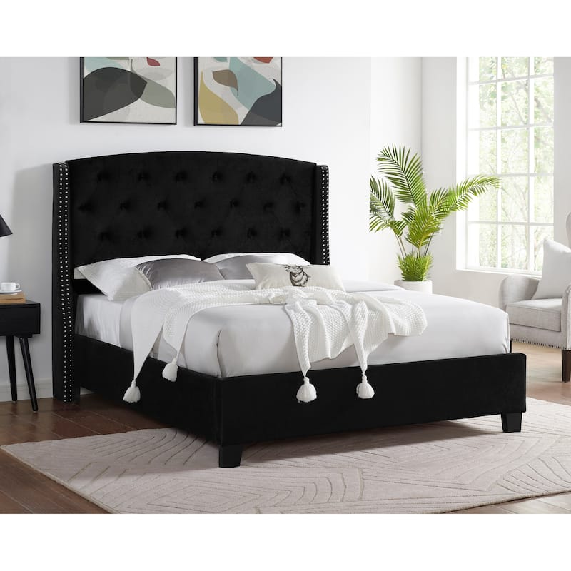 Queen Size Fabric Upholstered Platform Bed with Button-Tufted Headboard and Nailhead Trim - Black
