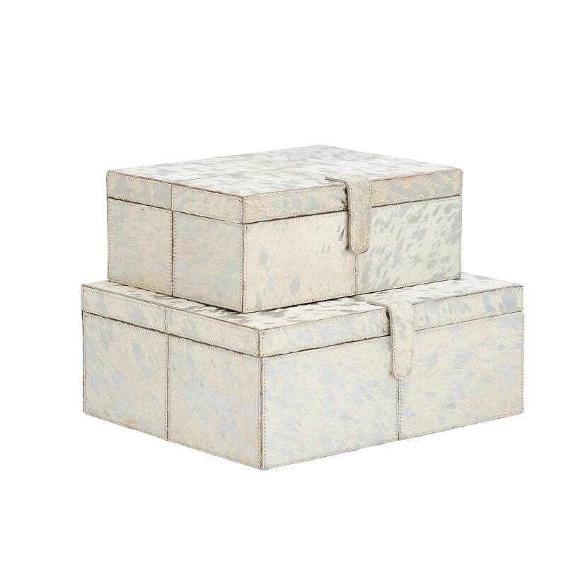 Gray, Silver or Gold Leather Handmade Cowhide Storage Box with Silver Foil Accents (Set of 2)
