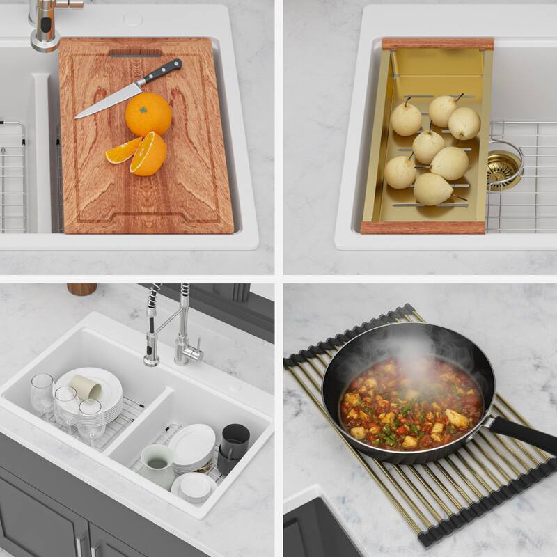 33 Inch Drop-in Double Bowl Quartz Kitchen Sink in White - 33'' x 22'' x 9.65''