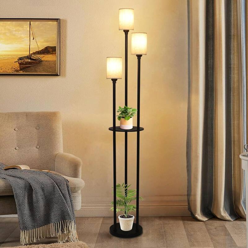 Boho Rattan Floor Lamp with Shelves, Pedal Switch, and Adjustable Height