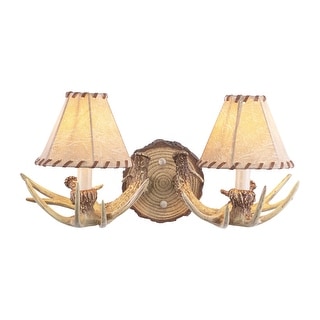 Lodge 2 Light Rustic Wood Antler Armed Wall Sconce Faux Leather Shade - 16.75-in W x 8.25-in H x 9.5-in D