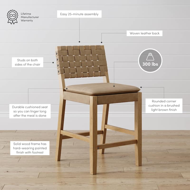Nathan James Cohen Faux Leather Counter or Bar Height Stool, Solid Wood Frame with Footrest and Woven Leather Back