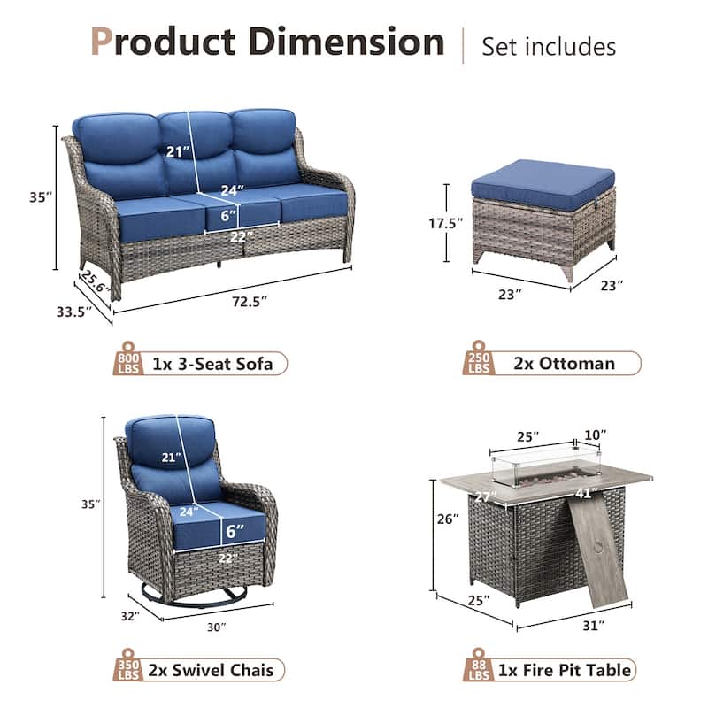 Pocassy 6 Pieces Outdoor 6 Inch Sofa Swivel Chair Ottoman with Fire Table