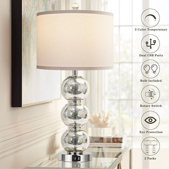 Set of 2 Table Lamps for Living Room Glass Triple-Sphere 27" Tall Table Lamp Contemporary Bedside Desk Nightstand Lamp