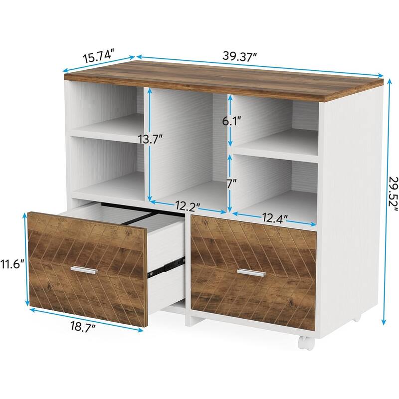 2-Drawer Wood Mobile File Cabinet Holds Letter Size Files with Shelves, Home Office Printer Stand