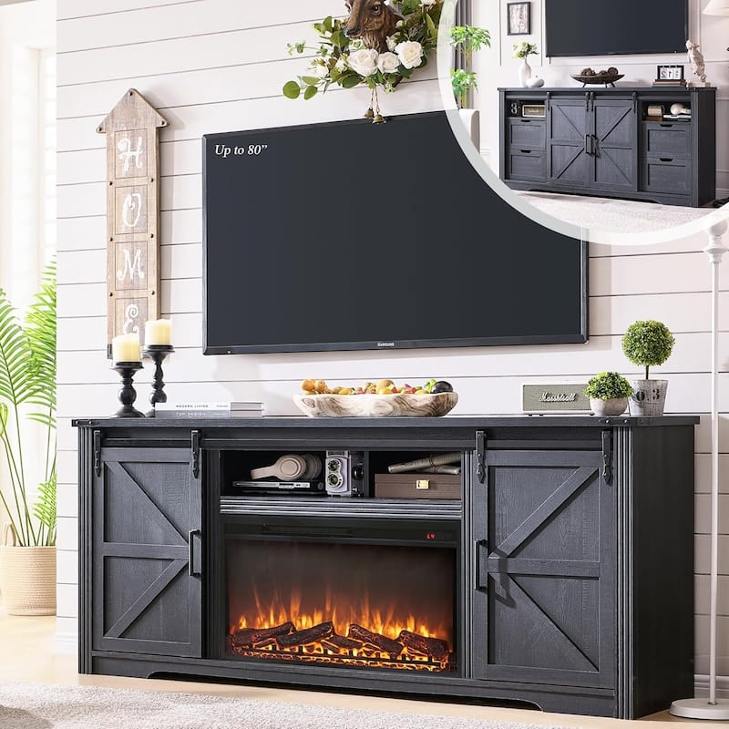 Farmhouse Fireplace TV Stand for 80 Inch TV, Entertainment Center