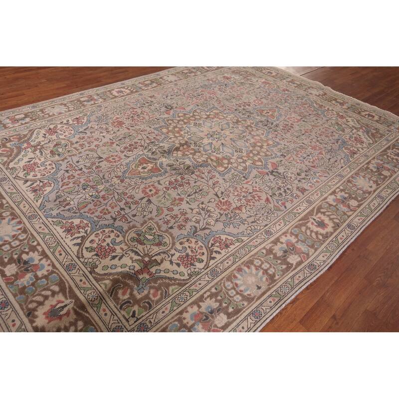 Distressed Grey Tabriz Persian Vintage Rug Hand-Knotted Wool Carpet - 7'10"x 11'0"