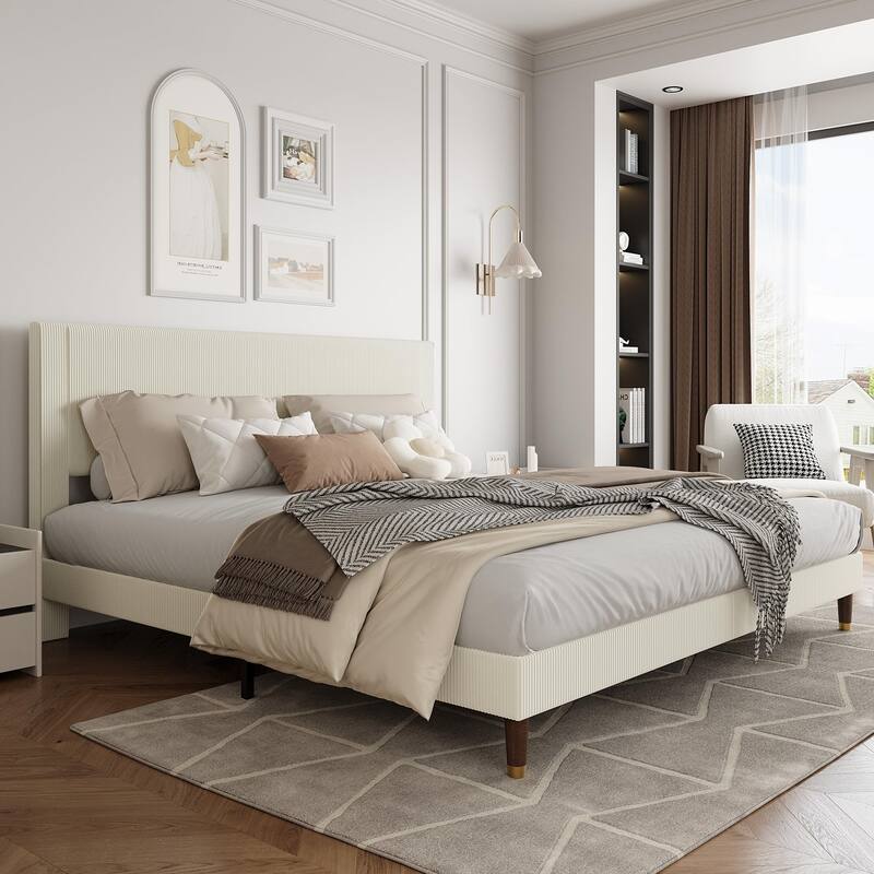 Twin Bed Frame Upholstered Platform Bed with Fabric Headboard, Non-Slip and Noise-Free - Beige - Queen