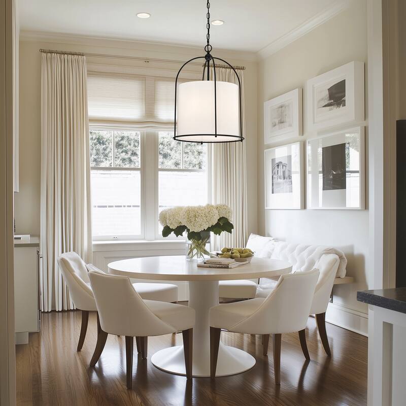 Matte Black Finish 3-Light 18 in. Cage Chandelier with White Fabric Shade