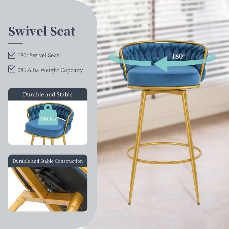 Velvet Swivel Bar Height Stools Set of 2, Counter Stools Dining Chairs with Hand-Woven Backrest & Footrest