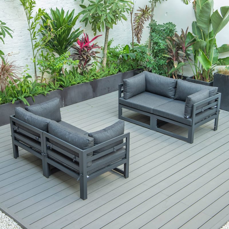 LeisureMod Chelsea 4-Piece Outdoor Patio Sectional Loveseat Set Black Aluminum with Cushions - Black