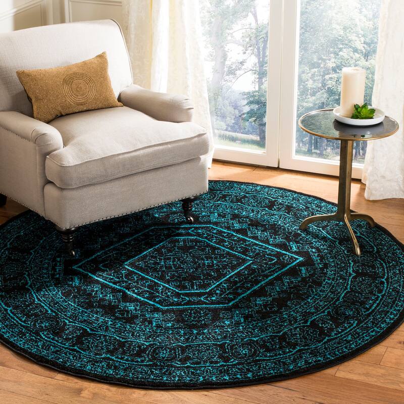 SAFAVIEH Adirondack Sian Rustic Oriental Medallion Rug - 4' Round - Black/Teal