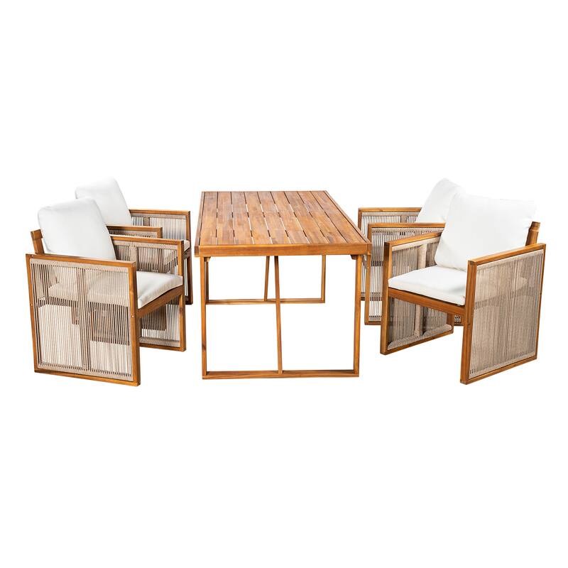 Christopher Knight Home - Modern Outdoor Acacia Wood Dining Set with Cushions and Handwoven Rope Chairs
