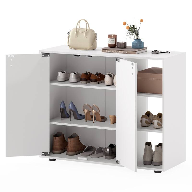 Shoe Storage Cabinet with Doors and Open Shelves Adjustable Wooden Entryway Organizer - 31.5" x 12" x 25.5"