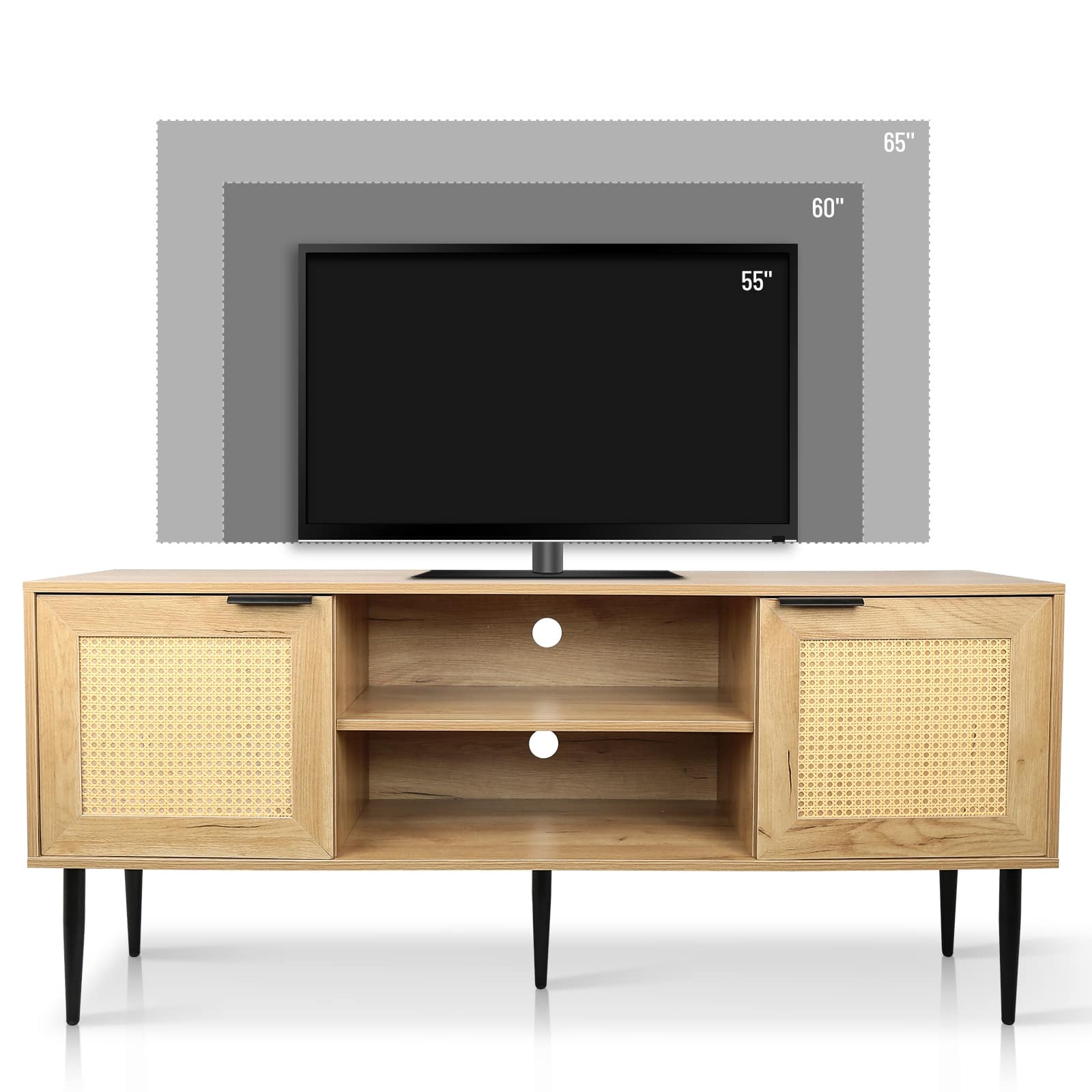 Elegant Natural Wood TV Stand for TVs up to 65 Inches with Rattan Doors