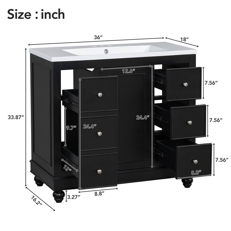 Black Multifunctional Storage Bathroom Vanity with Resin Integrated Sink, Removable Dividers, Adjustable U-shaped Shelf
