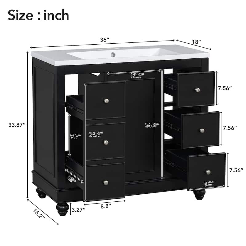 Roomfitters 36" Contemporary Bathroom Vanity with Resin Sink, 4 Drawers, 1 Door, Adjustable Shelf, Solid Wood Frame, Black