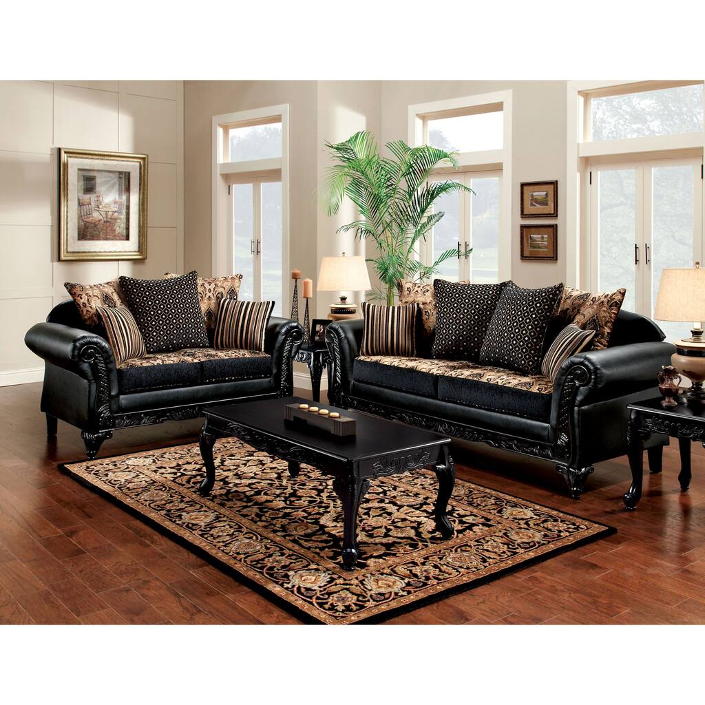 Chateau Traditional Black Faux Leather 2-Piece Sofa Set by Furniture of America