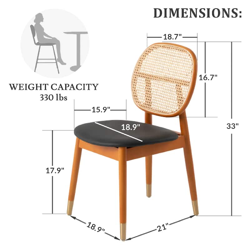 Holbeck Modern Rattan Leather Upholstered Dining Chair with Plush Padding Beech Wood Legs for Stylish Homes Set of 2