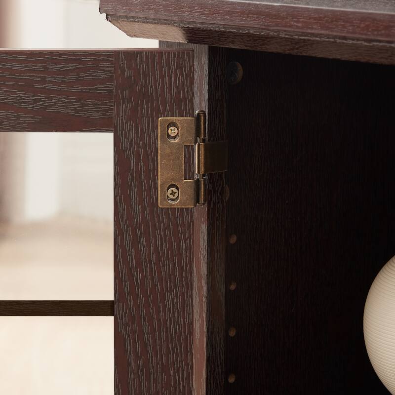 GDFStudio Thatch Wood 70" TV Stand with Faux Stacked Stone Fireplace and 2 Door Storage