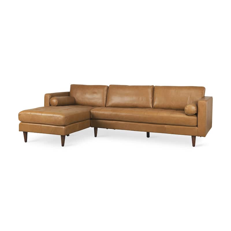HomeRoots Tan Genuine Leather L Shaped Sofa and Chaise Sectional With Toss Pillows