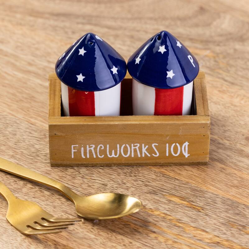 Transpac Dolomite 4.75 in. Patriotic Fireworks with Crate Salt and Pepper Shaker Set of 3