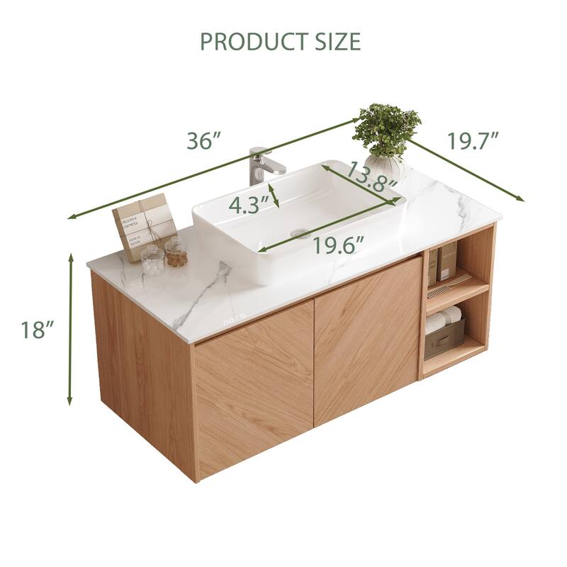 36'' Single Bathroom Vanity with Stone Top, Brown Wood, Black Vessel, Floading Vanities