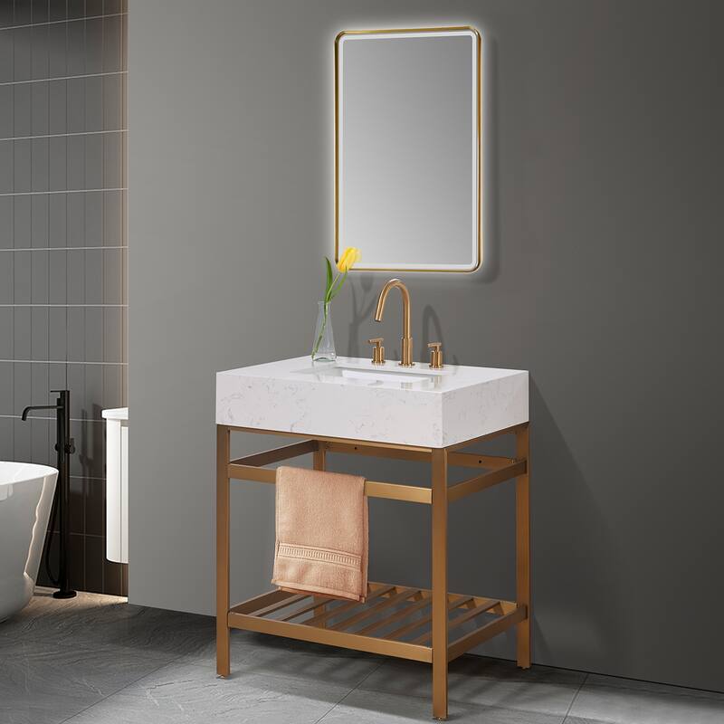 Altair Merano Stainless Steel Vanity Console with Stone Countertop and Mirror