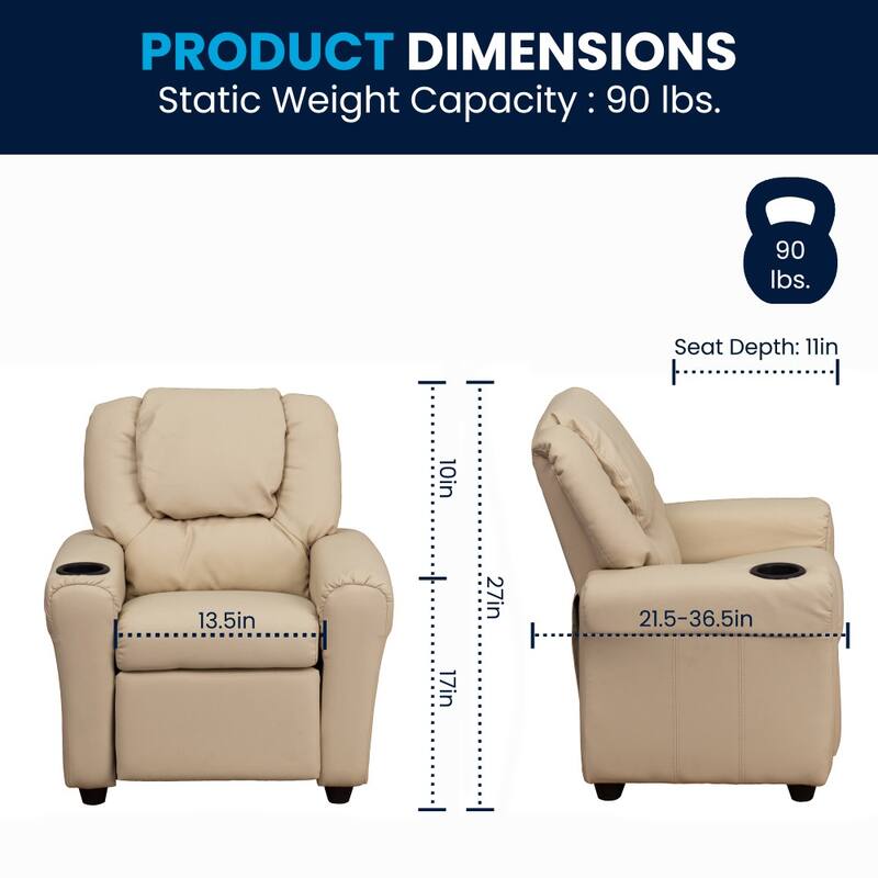 Contemporary Kids Recliner with Cup Holder and Headrest - 24"W x 21.5" - 36.5"D x 27"H