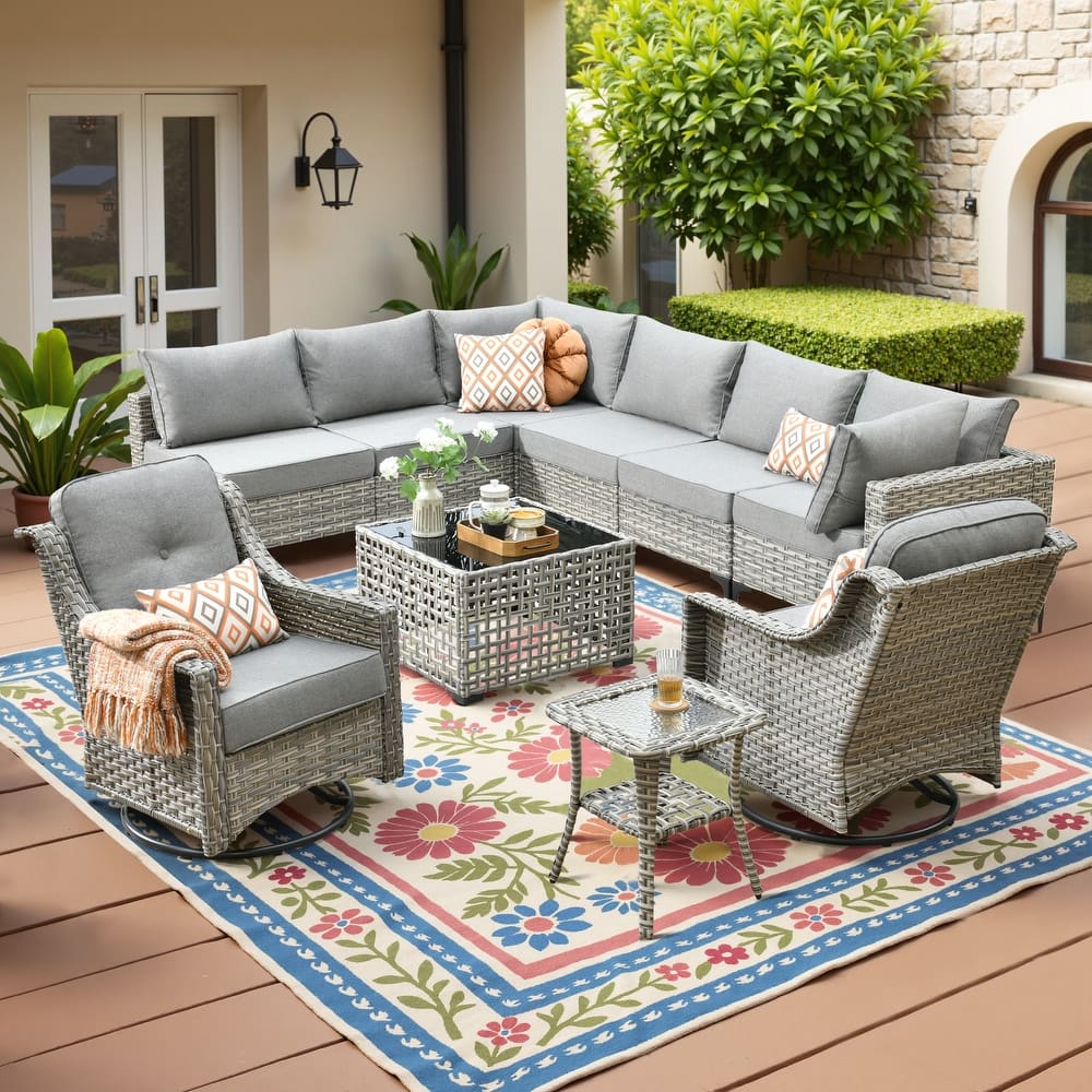 HOOOWOOO 10-piece Wicker Patio Furniture Set Sectional Sofa with Swivel Chair