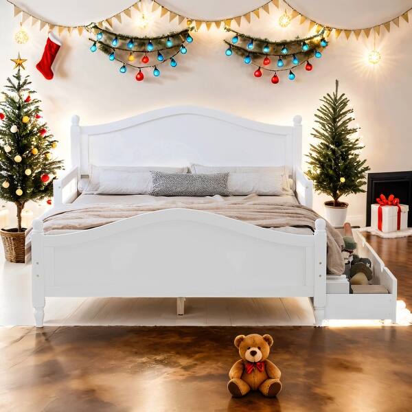 slide 2 of 22, Full Size Platform Bed with Guardrails and Two Drawers,Kids Bed Design White