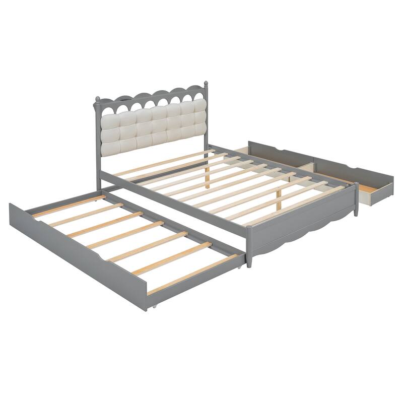 Queen Wooden Storage Platform Bed with Trundle, 2 Drawers, USB Sockets