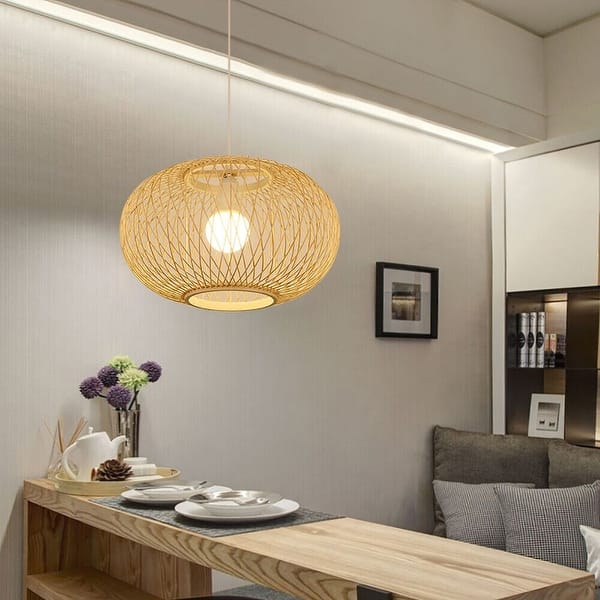 slide 9 of 8, Nulty Hand-made Bamboo Rattan Single Lantern Pendant Light - 16" 16" - Beige