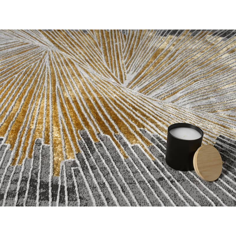 Mila Collection Geometric Dark Grey with Gold and White ContemporaryArea Rug