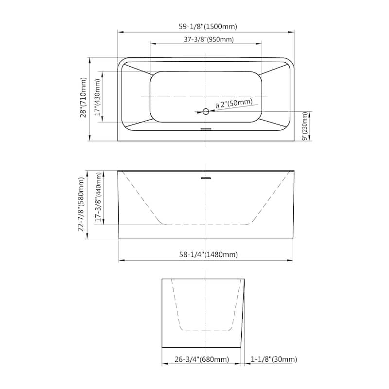 Repose 59" Acrylic Soaking Tub - Rectangle - 28D x 59W x 23H