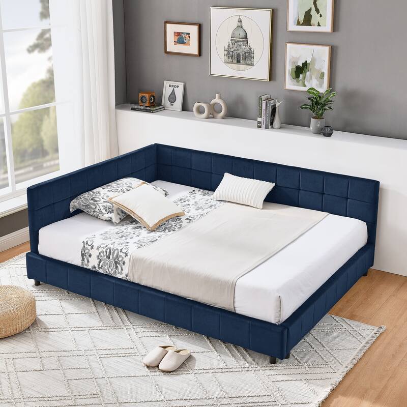 L-shaped Velvet Upholstered Daybed Tufted Sofa Bed with Soft Backrest Armrests - and Optional Corner Storage Day Bed - Dark Blue - Full