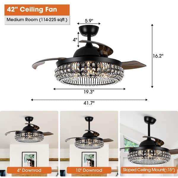 42" Modern Black 3-Light Crystal Ceiling Fan Chandelier with Remote