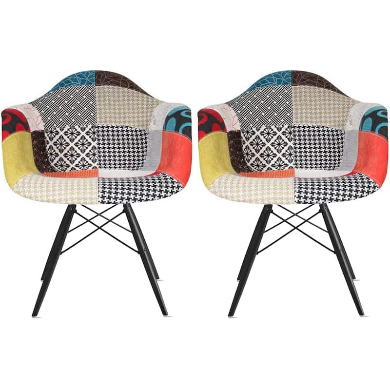 Set of 2 Color Modern Arm Chairs For Dining Room Kitchen Solid Molded Plastic Seat Dark Black Wood Eiffel Legs - Patchwork S