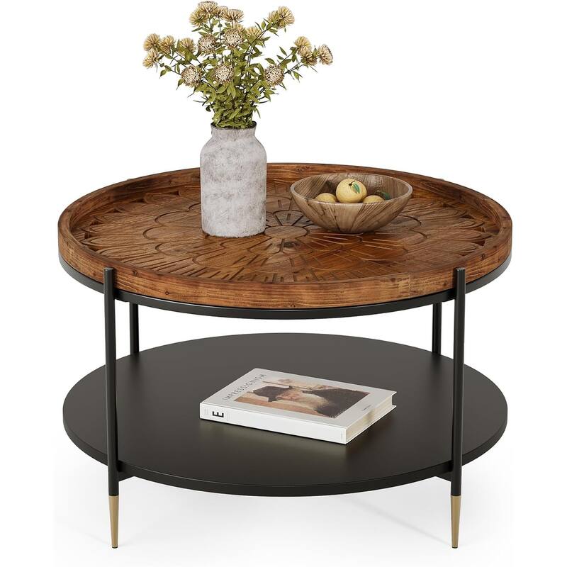 31.5-Inch Boho Solid Wood Round Coffee Table with Metal Storage Frame & Carved Floral Pattern for Small Spaces, Apartment