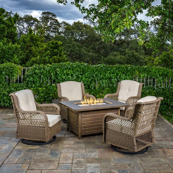 slide 2 of 15, Rio Vista Sandstone Outdoor Wicker Seating Set with Fire Pit Table (5-Piece)