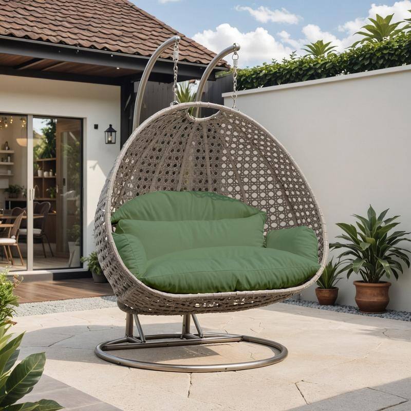 LeisureMod Modern 2-Person Egg Hanging Swing Chair with Beige Wicker, Oxford Fabric Cover, Patio Hammock Lounger and Cushions