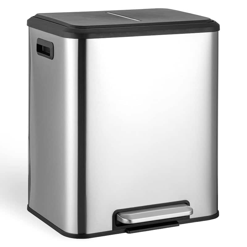Square Double Compartment Sorting Trash Can 30l (15l+15l), Stainless Steel Kitchen Trash Can With Lid, Foot Pedal, Recycling Bin - Silver