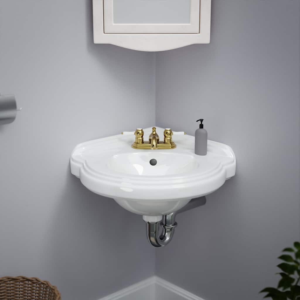 Portsmouth White Ceramic Corner Wall Mount Bathroom Sink with Overflow, Bracket and Backsplash