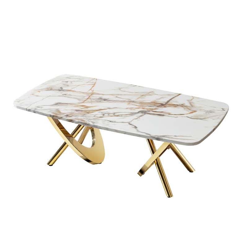 Gold Stainless Steel Marble Pattern Coffee Table 50.78" L x 27.16" W x 18.11" H for Living Room & Office
