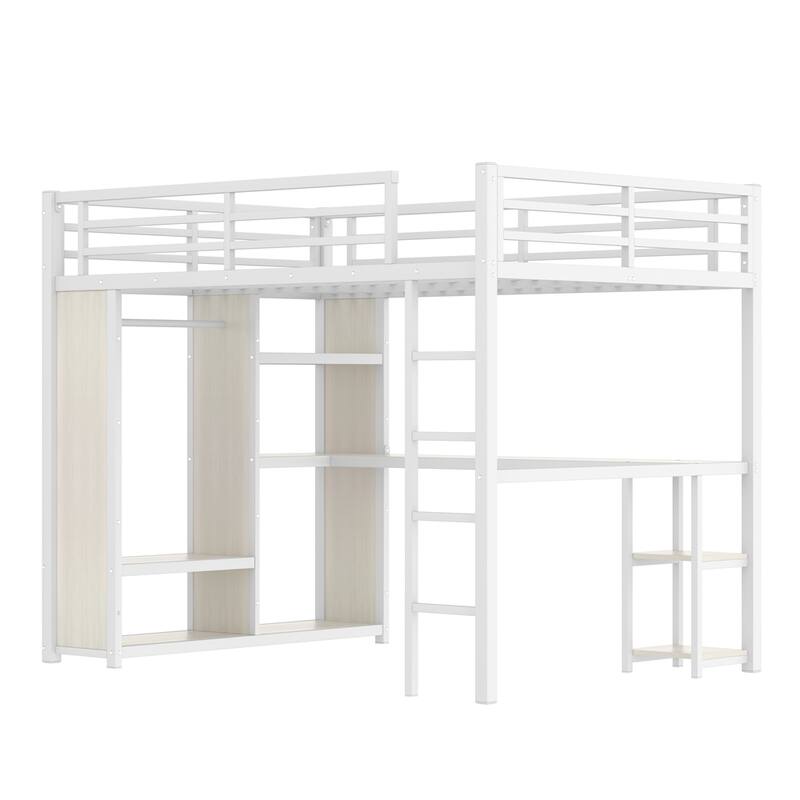Queen Size Loft Bed Frame w/Built-in Wardrobe,Metal Loft Bed w/Desk